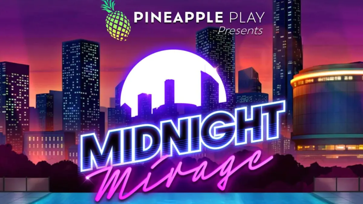 Interface neon do slot Midnight Mirage com tema de luxo noturno