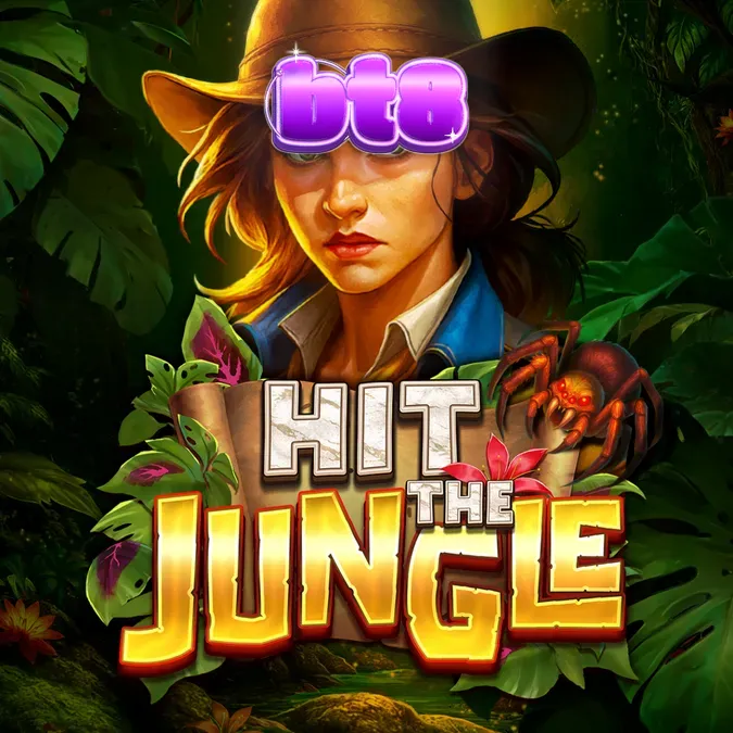 Captura de tela do jogo Hit the Jungle, mostrando a grade de 6x4 com símbolos de selva e um explorador.